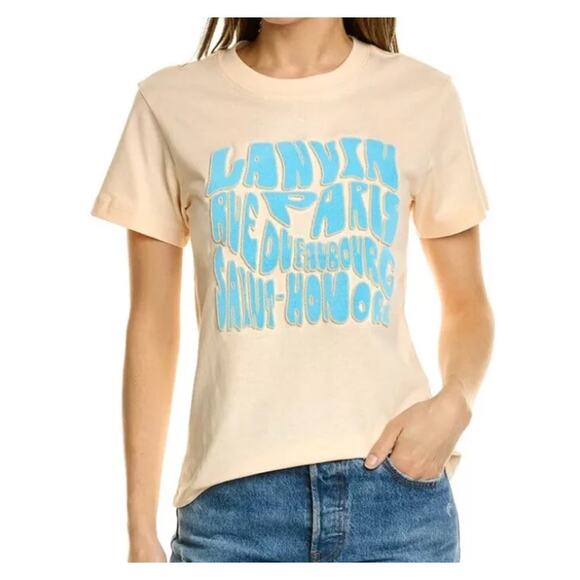 Lanvin Women's size Medium Peach Orange Bubble Letter Tee Slogan Print Paris - Picture 1 of 9